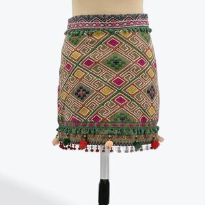 Boho Embroidered Mini Skirt with Pom Trim - Green Multi